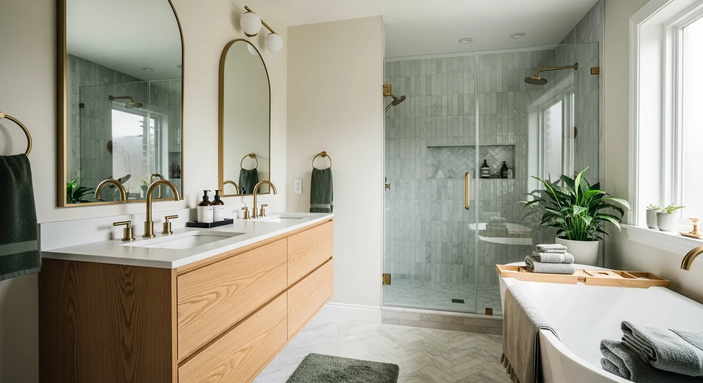 Marble walk-in shower and oak vanity