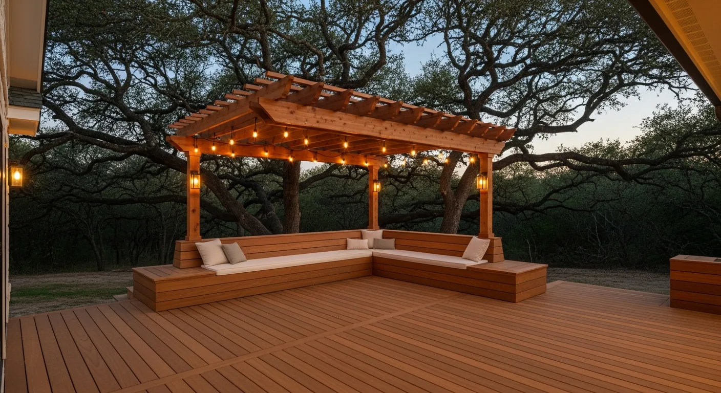 Covered deck and pergola at dusk