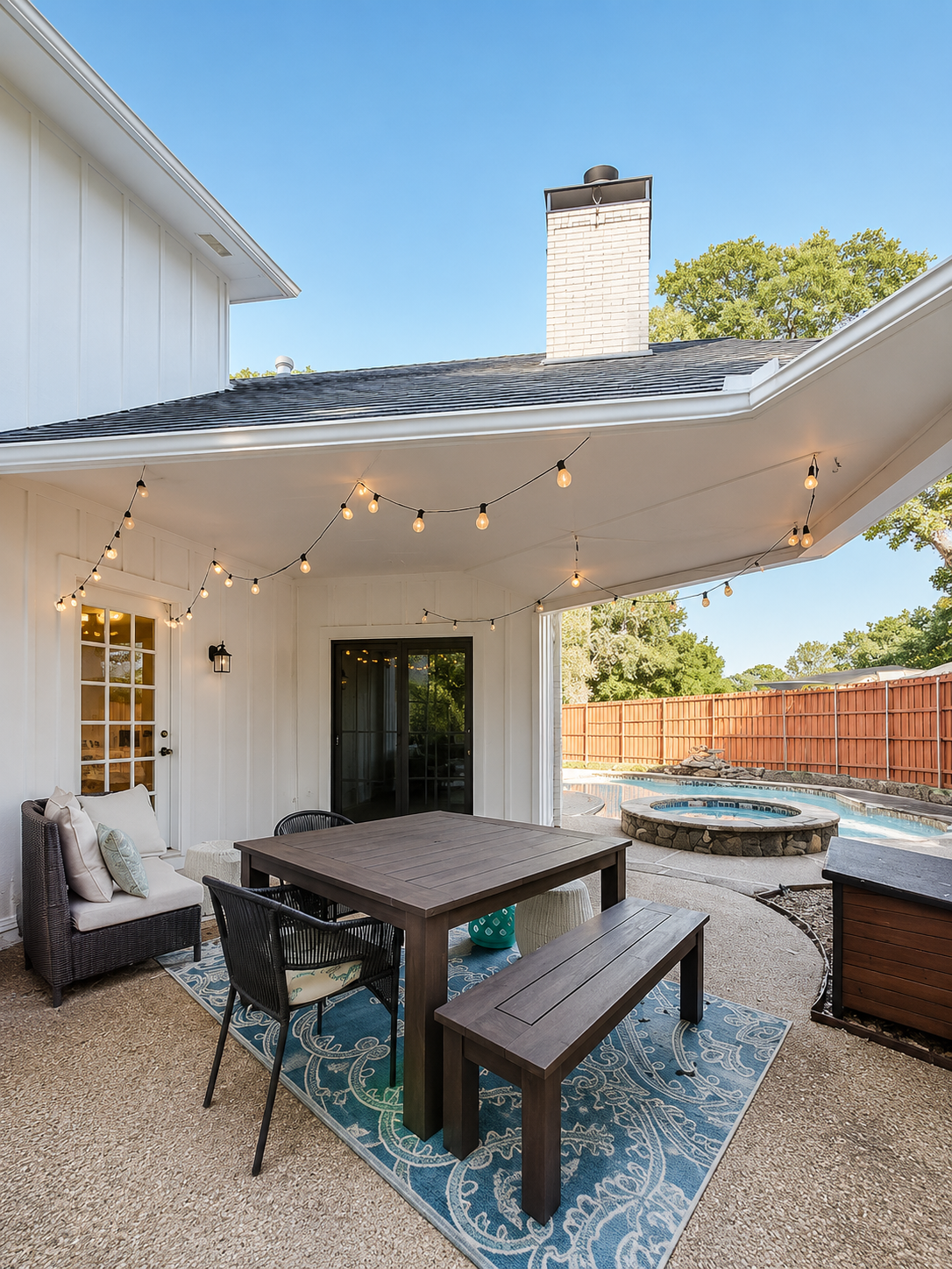 Custom built wooden outdoor deck with modern seating area and swimming pool view