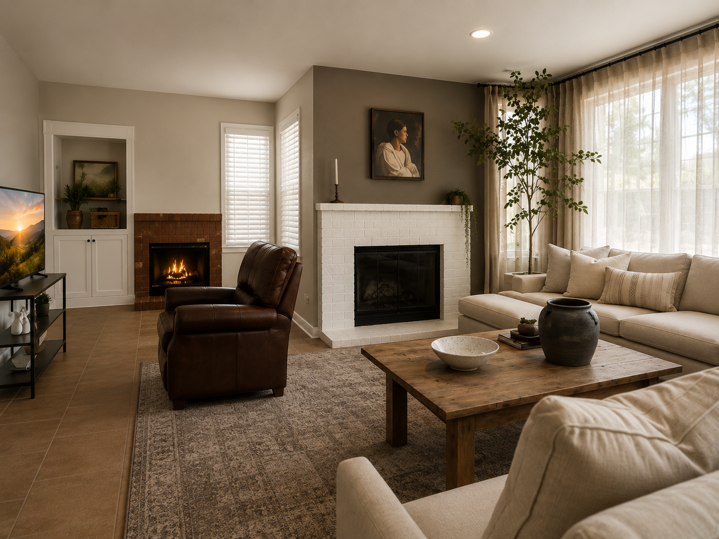 Freshly painted living room with modern white fireplace and updated trim