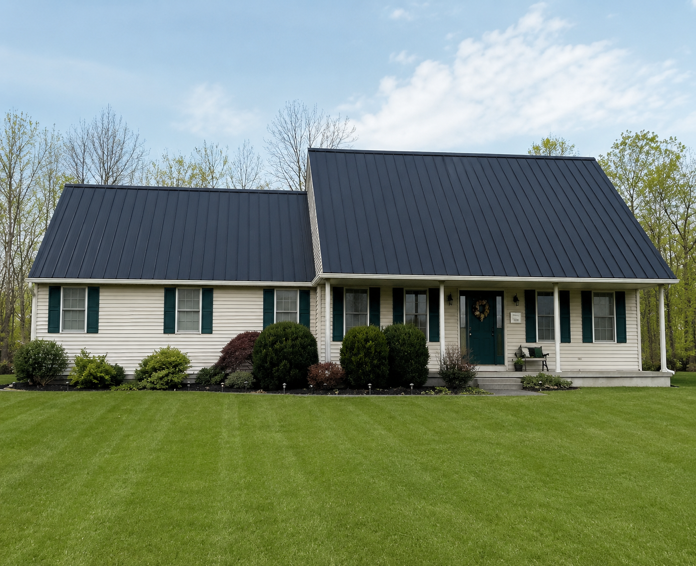 Newly installed modern dark metal roof on a residential home